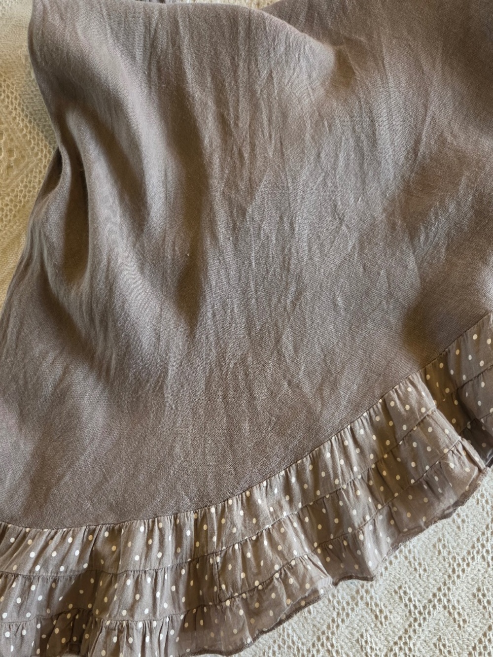 Made in Italy 100% LINEN brown midi dress polkadots sleeveless ruffle coastal - Picture 6 of 7